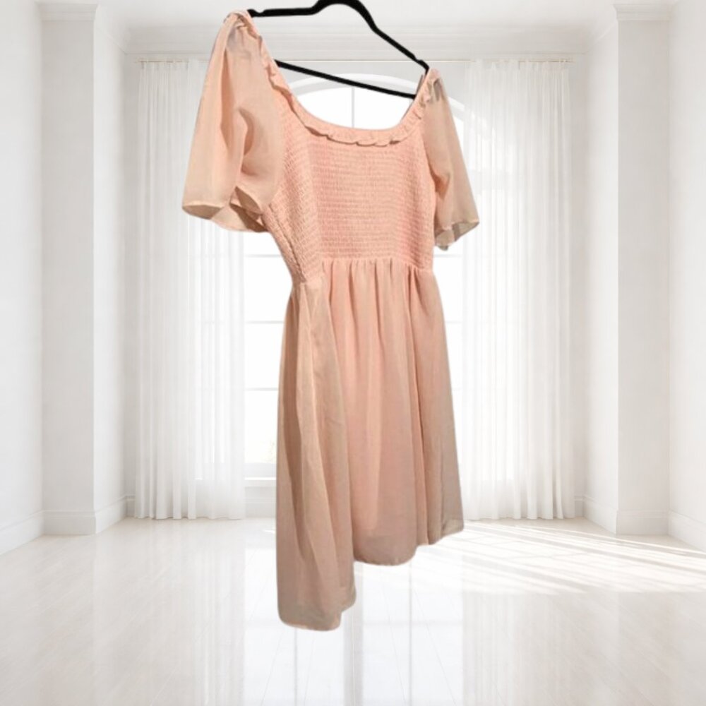 BCBG Paris Rose Quartz Chiffon Smocked Flutter Sleeve Dress | Juniors L - Picture 3 of 9